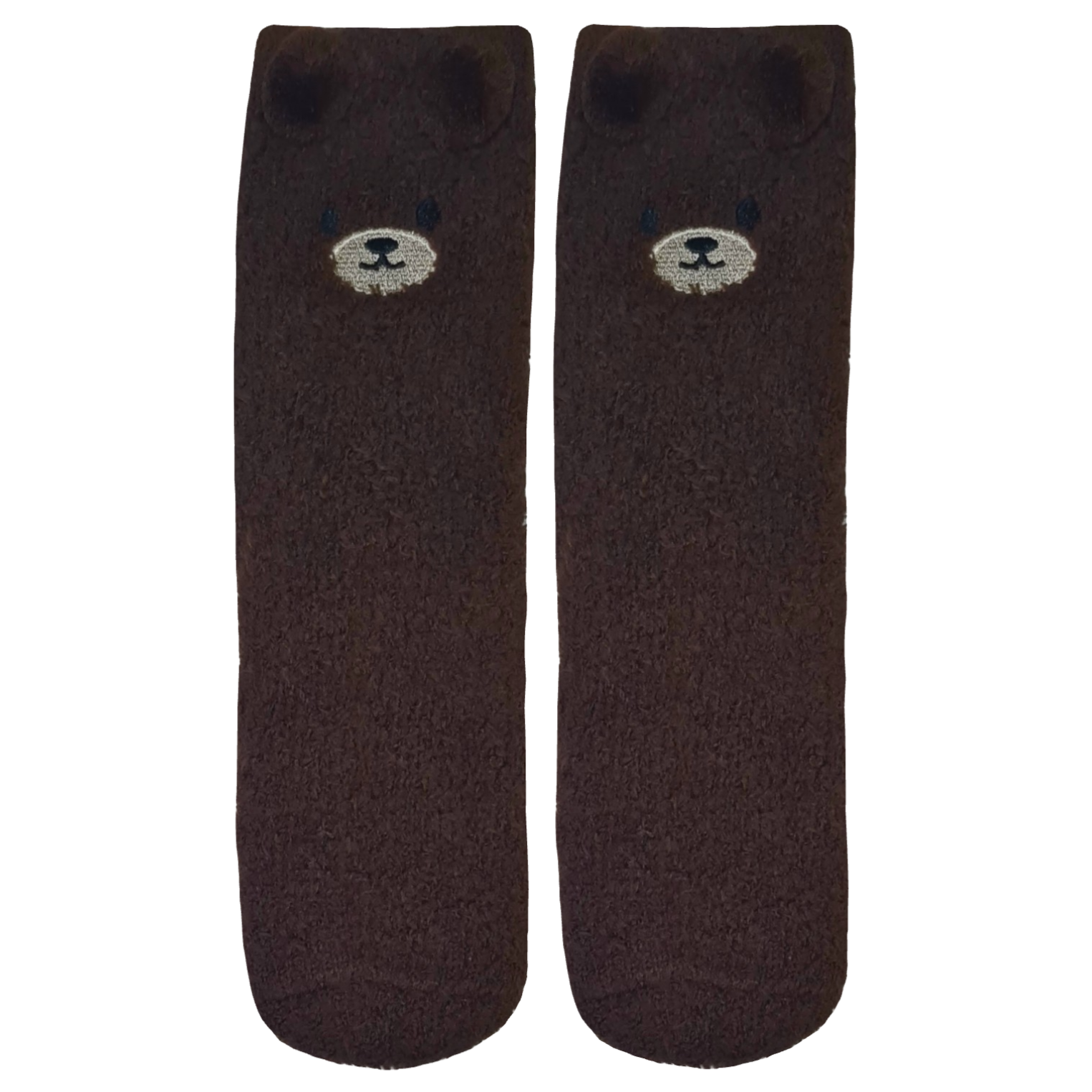 Pair of dark brown socks with bear face design on a white background