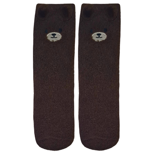 Pair of dark brown socks with bear face design on a white background
