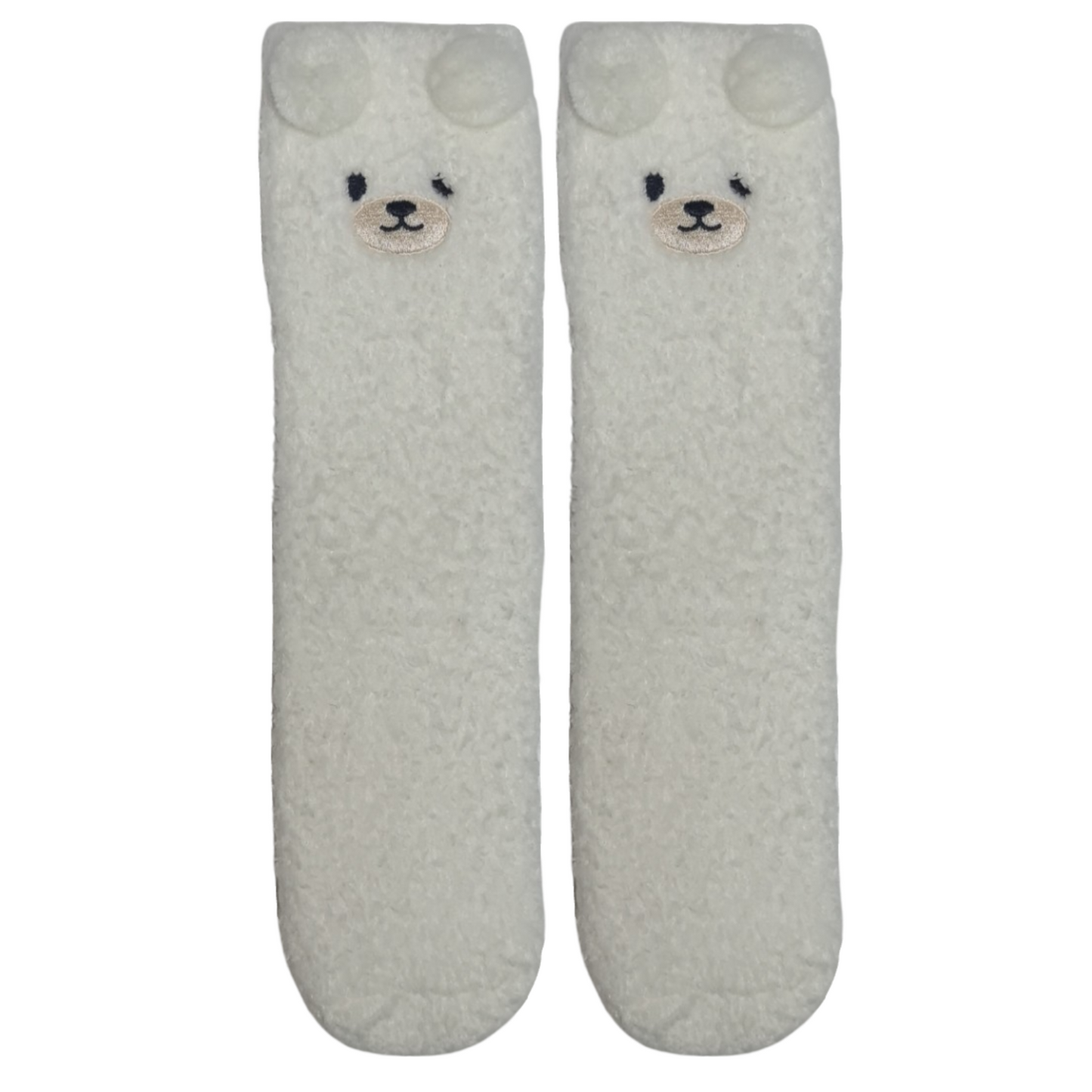 Pair of light gray socks with dog face design on a white background
