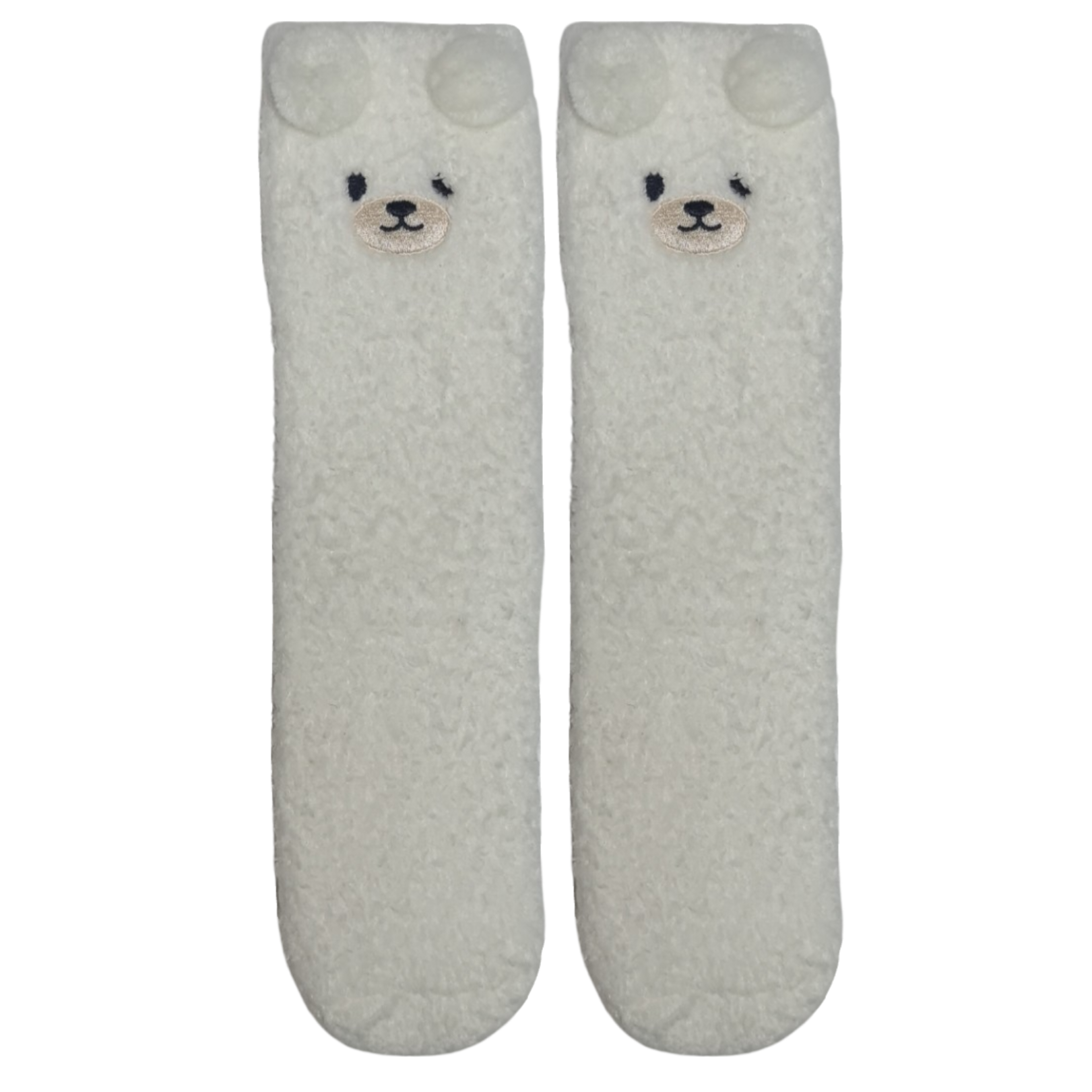 Pair of light gray socks with dog face design on a white background