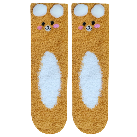 Pair of brown Caramel socks with bear face design on a white background