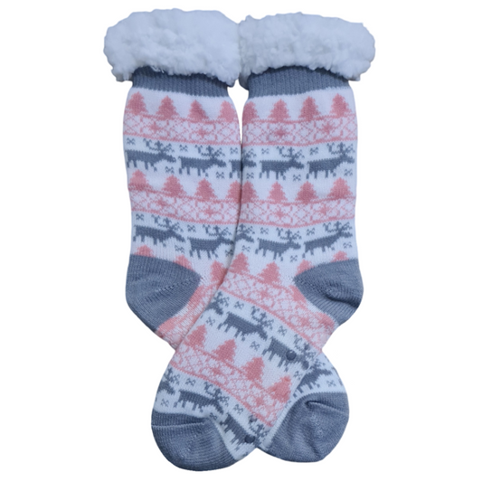 Pair of patterned socks with fluffy cuffs on a white background