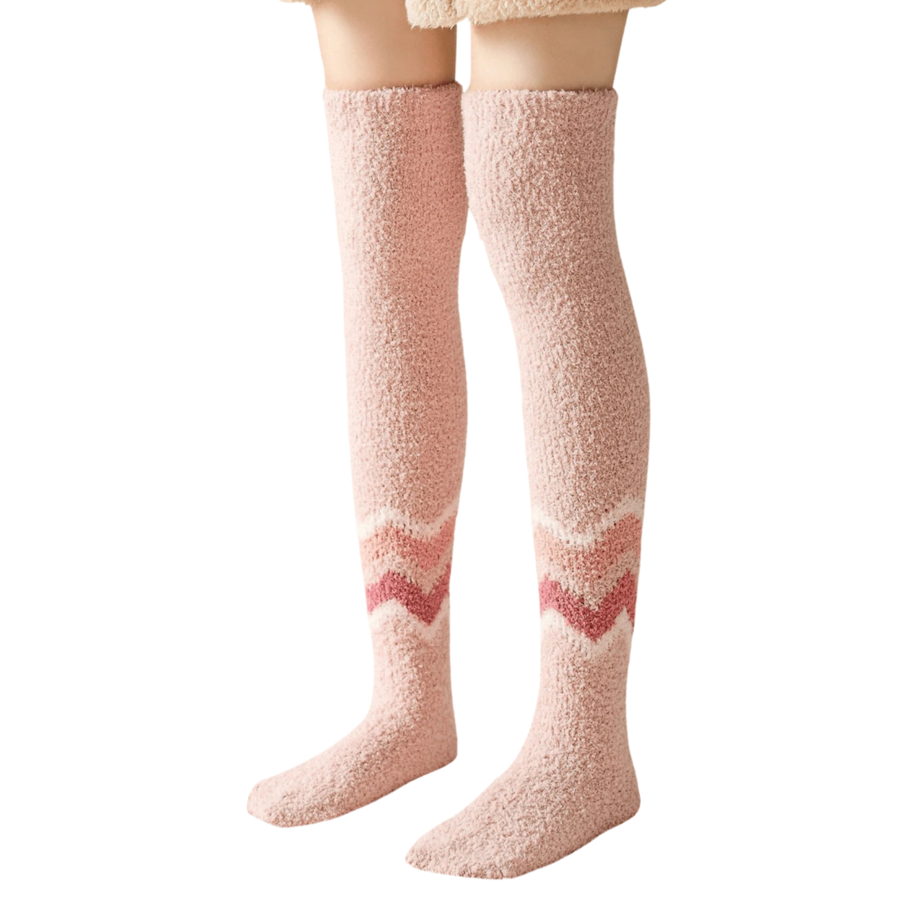 Person wearing a pair of soft pink fluffy thigh-high socks featuring a subtle chevron zigzag pattern across the calves in alternating shades of pink.