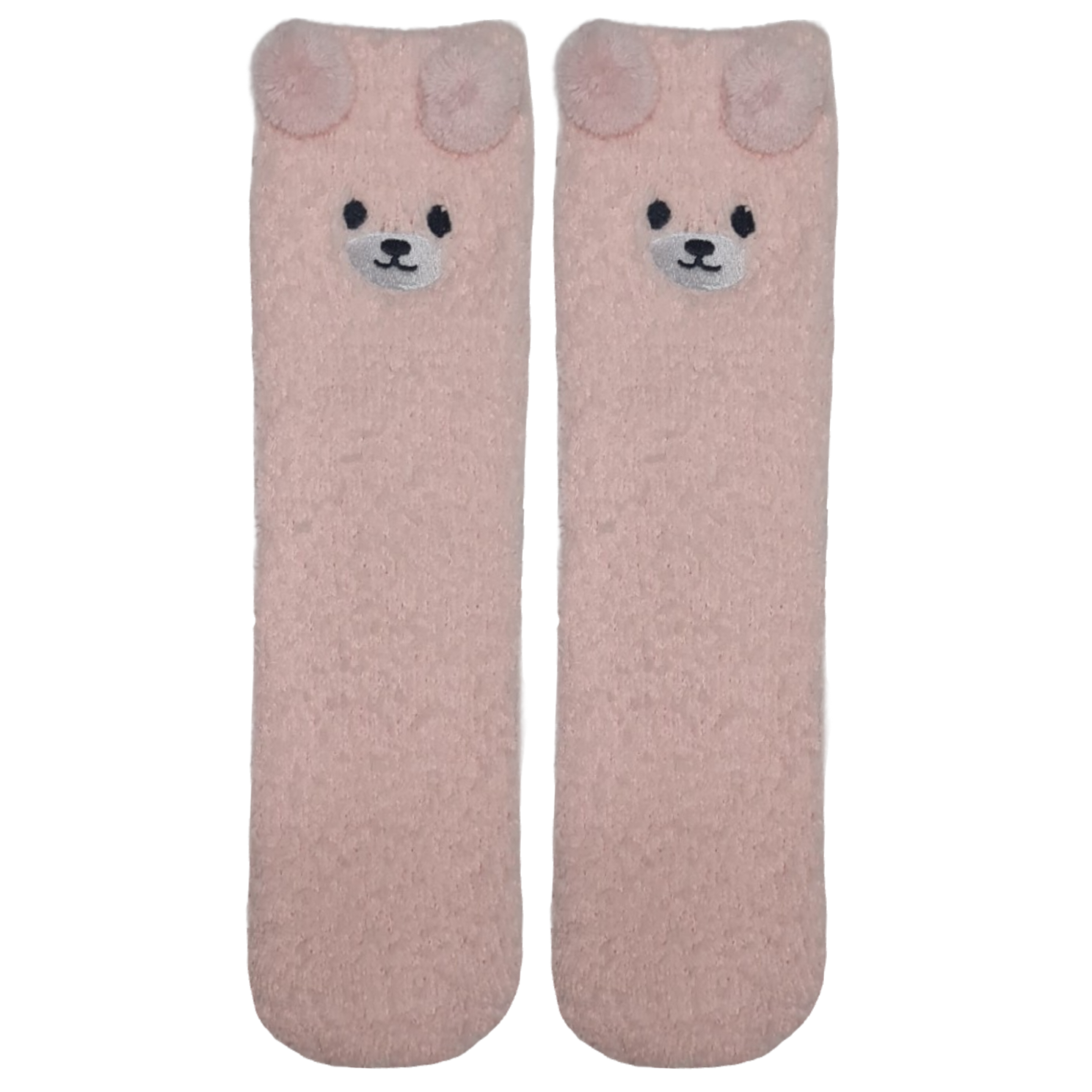 Pair of pink socks with bear face design on a pink background