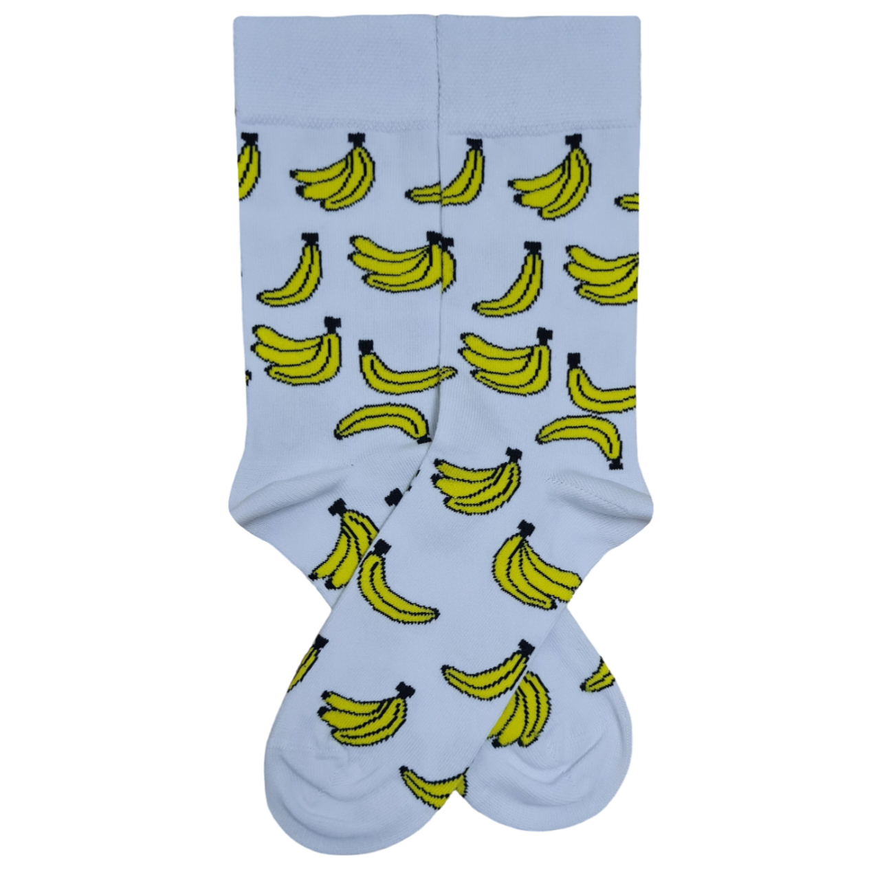 Unisex white crew socks with yellow banana pattern on a white background