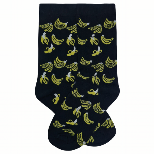 Black sock with yellow banana pattern on a white background