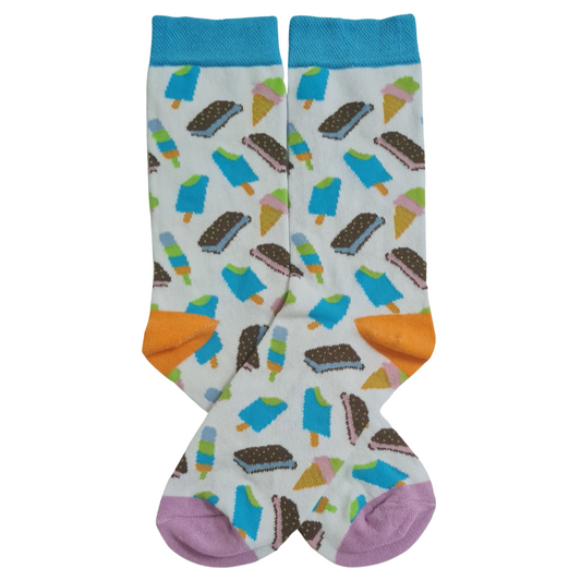 Pair of white crew socks with blue cuffs, orange heels, and purple toes, featuring a colorful repeating pattern of ice cream sandwiches, cones, and popsicles.