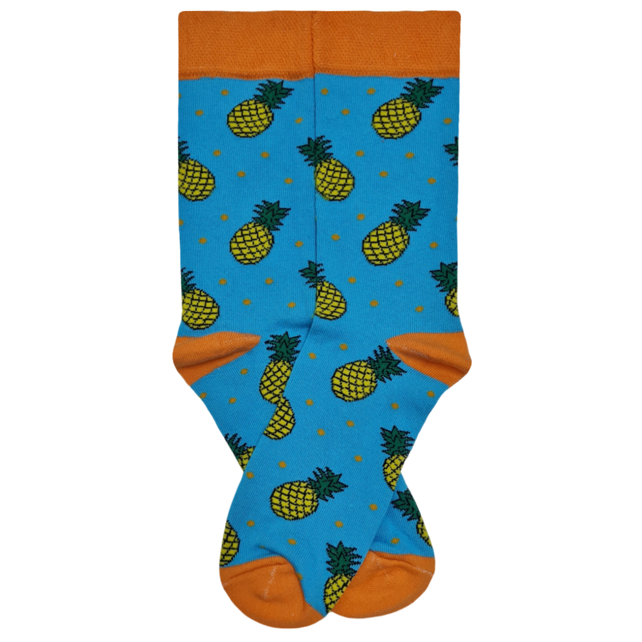 Pair of bright blue crew socks with orange cuffs and toes, featuring a repeating yellow pineapple pattern with small orange polka dots.