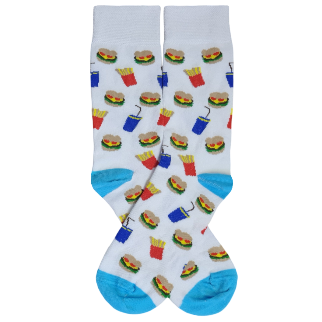 A pair of white crew socks with a colorful all-over print of hamburgers, french fries, and drinks, featuring bright blue toes and heels, displayed against a plain white background.