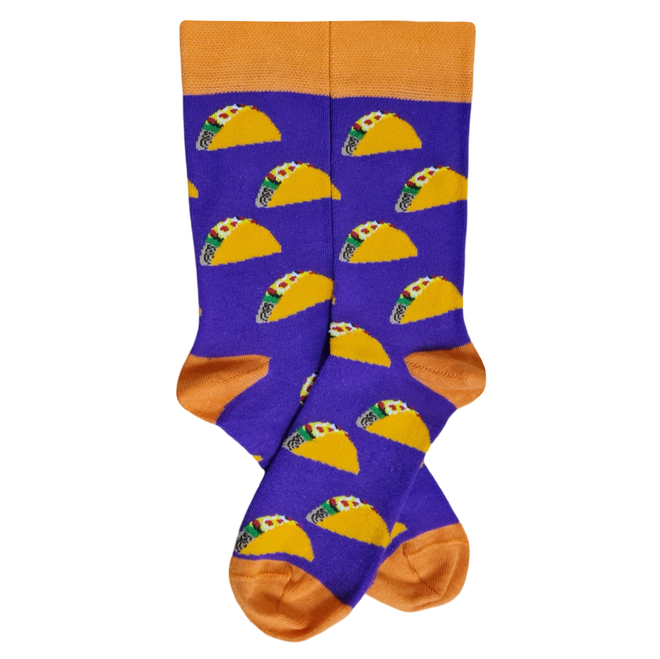 Vibrant purple crew socks featuring an all-over pattern of yellow tacos with orange heel, toe, and cuff accents.