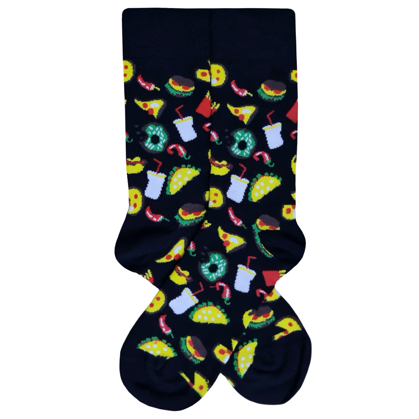 Black crew socks featuring a colorful all-over pattern of burgers, pizza slices, tacos, donuts, fries, and soft drinks.