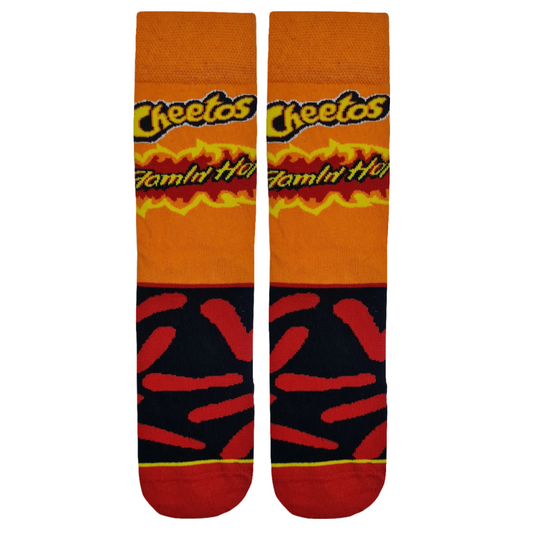 Cheetos-themed socks with orange, red, and black design on a white background