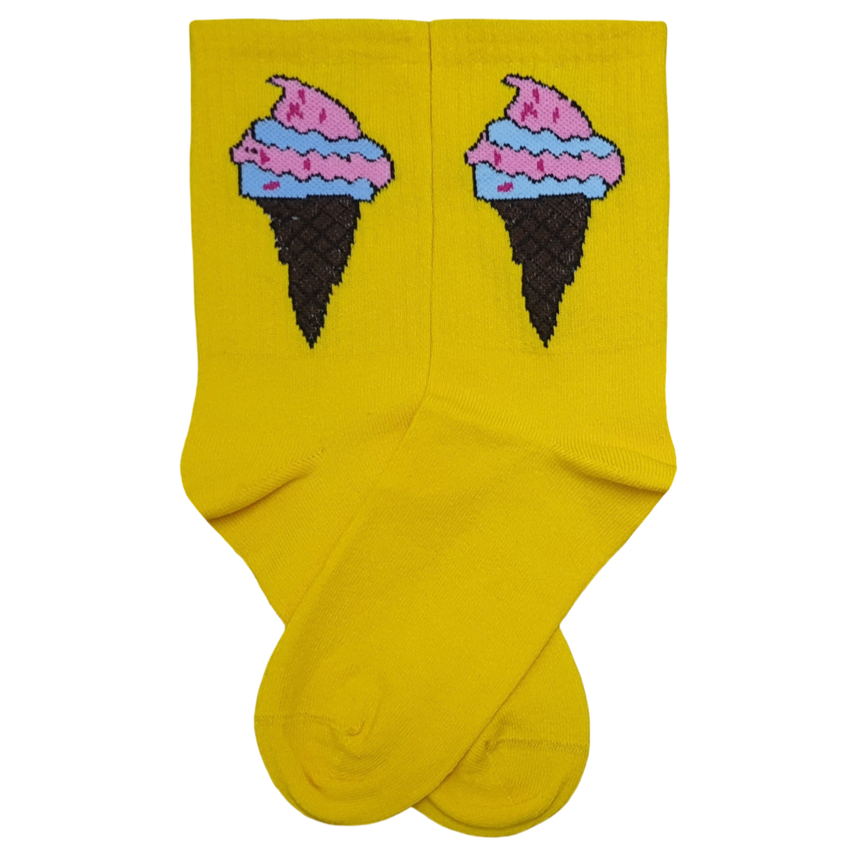 Bright yellow crew socks featuring a pink and blue pastel ice cream cone graphic.