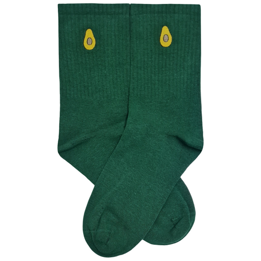 Pair of dark green crew socks with small yellow avocado embroidery on the upper ankle, displayed on a plain white background.