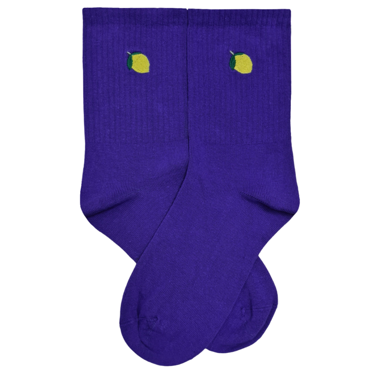 Vibrant purple crew socks featuring a small, yellow embroidered lemon icon near the ribbed cuff.