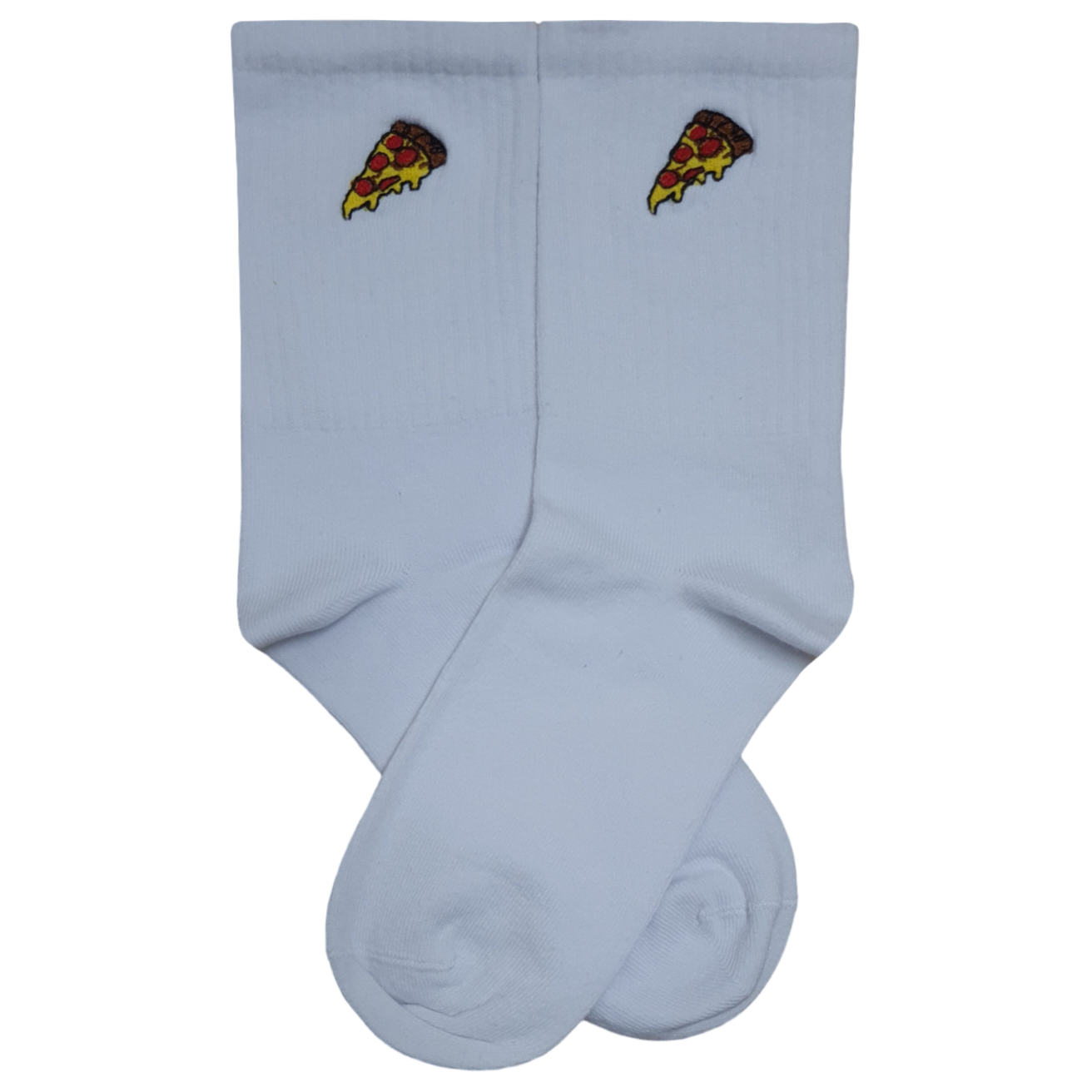 Pair of white crew socks featuring a small, detailed pepperoni pizza slice embroidery on the upper ankle, shown on a plain white background.