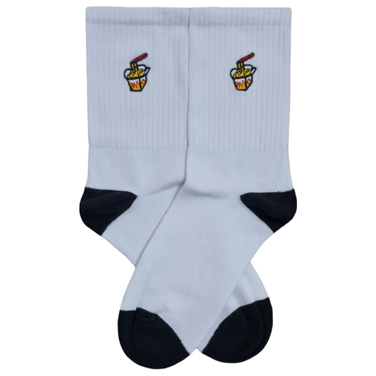 White crew socks with a small embroidered takeout box of noodles and chopsticks on the upper cuff.