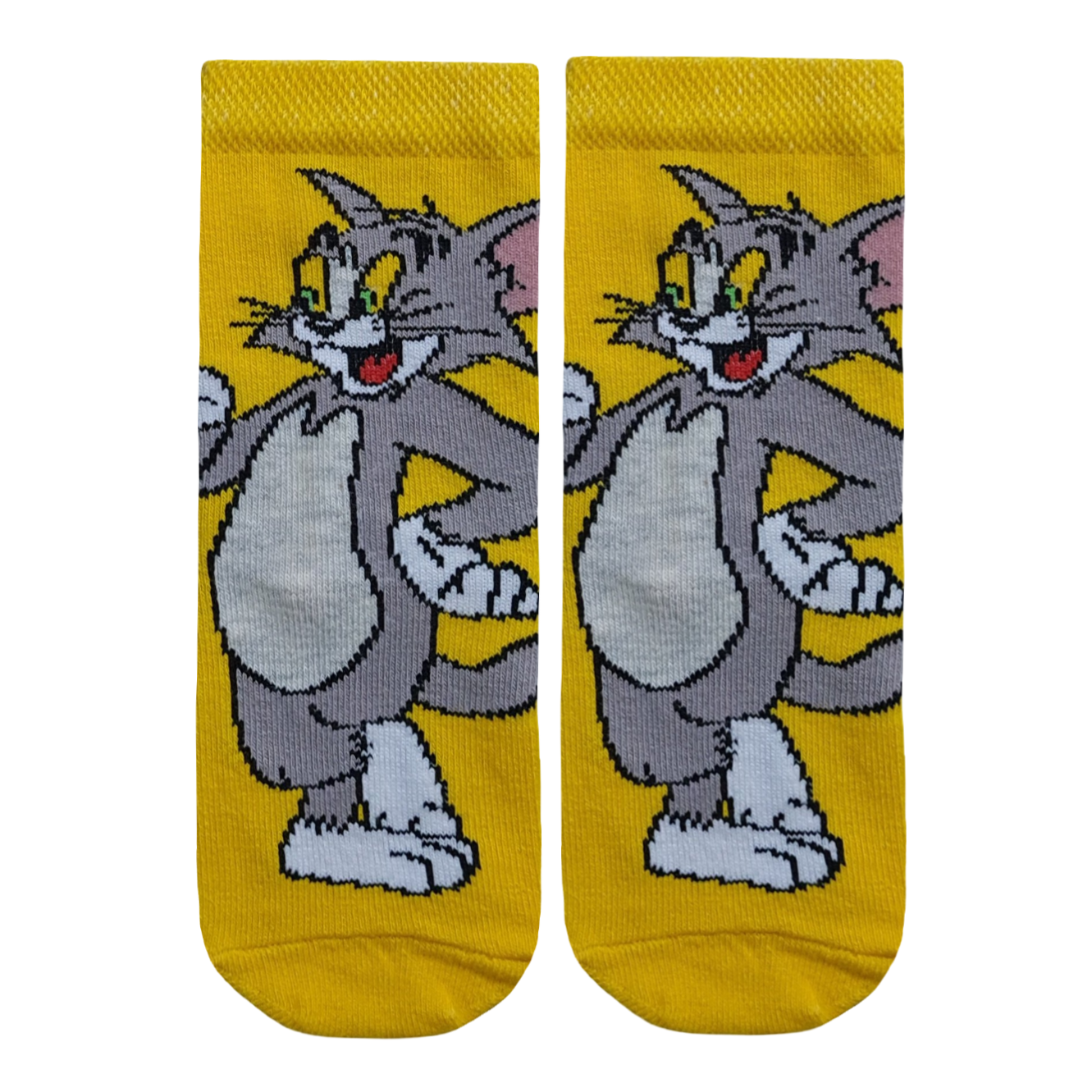 Yellow kids' crew socks featuring a large knitted graphic of Tom Cat from Tom and Jerry.