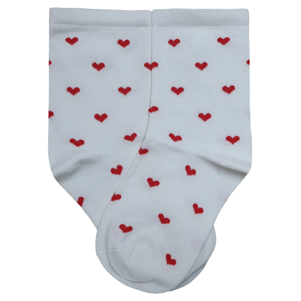 Pair of folded white kids ankle socks featuring an all-over repeating pattern of small red knit hearts.