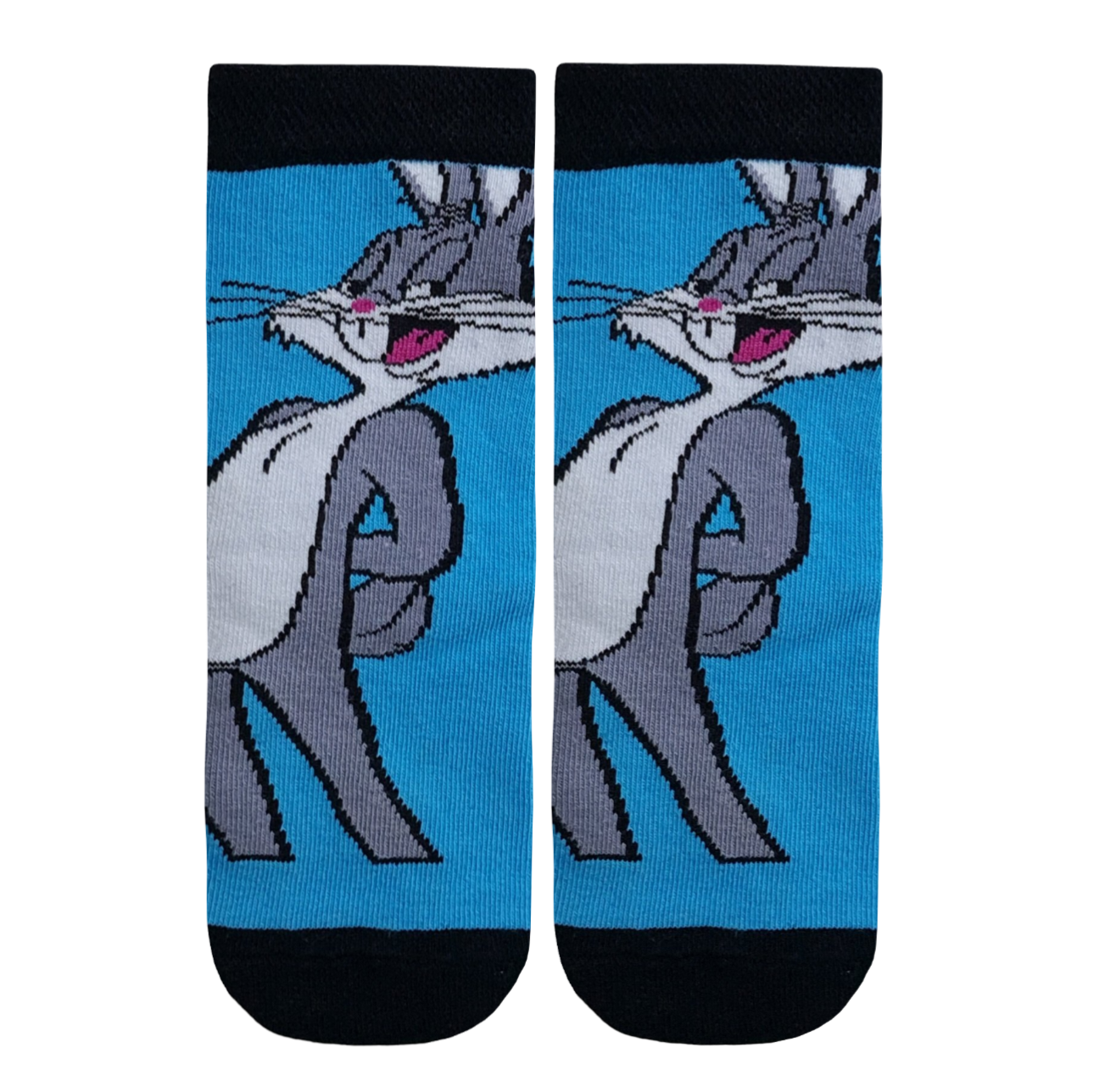Bright blue kids' crew socks featuring a large Looney Tunes Bugs Bunny character graphic with a black heel, toe, and cuff detail.