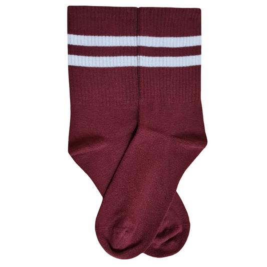 Maroon sock with two white stripes on a white background