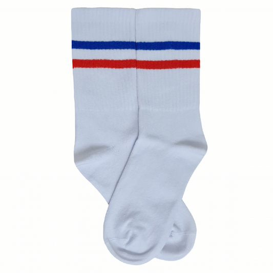 White socks with red and blue stripes on a white background