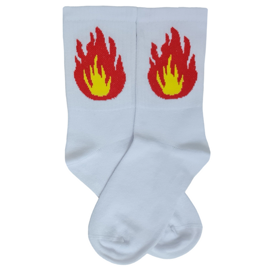 White socks with red flame design on a white background