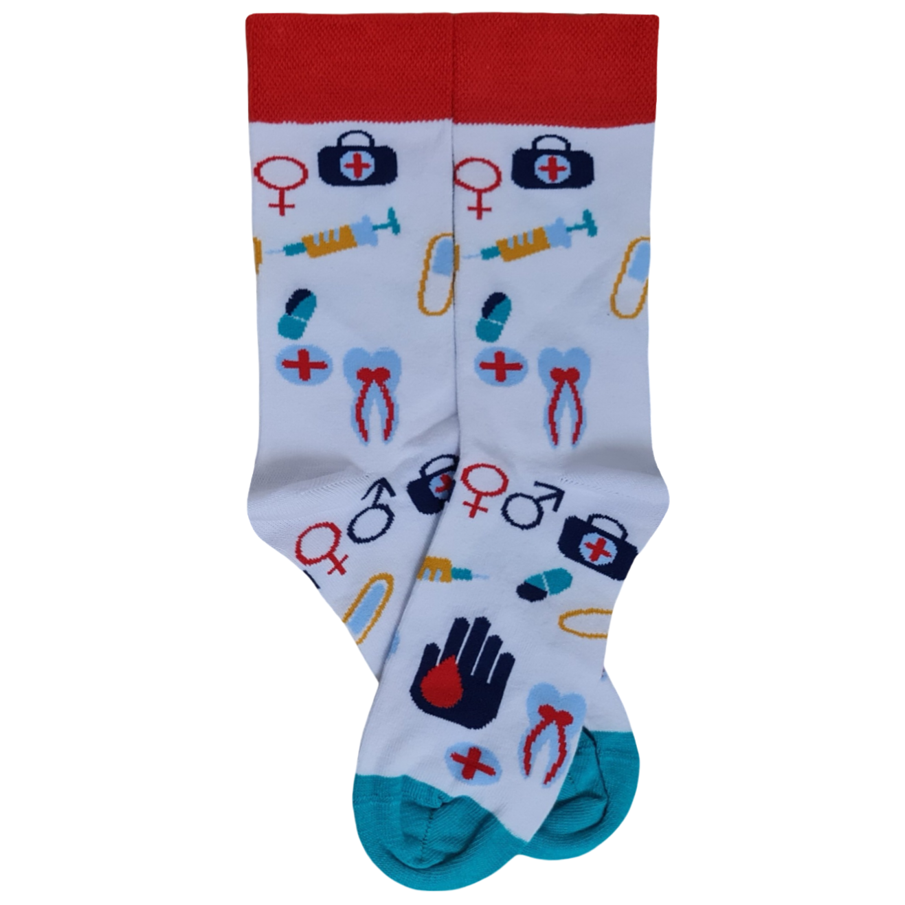 Socks with medical-themed design on a white background