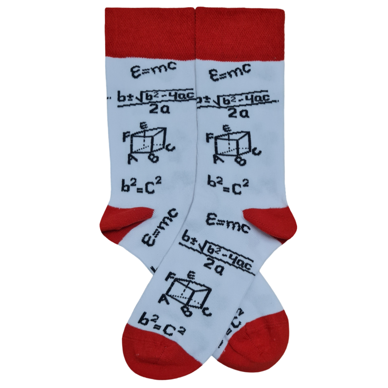 White crew socks with red accents featuring black mathematical formulas like E=mc² and geometry diagrams.