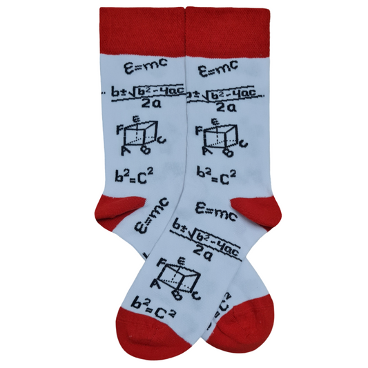 White crew socks with red accents featuring black mathematical formulas like E=mc² and geometry diagrams.