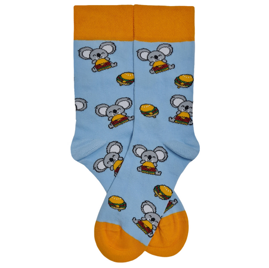 Blue socks with koala and hamburger design on a white background
