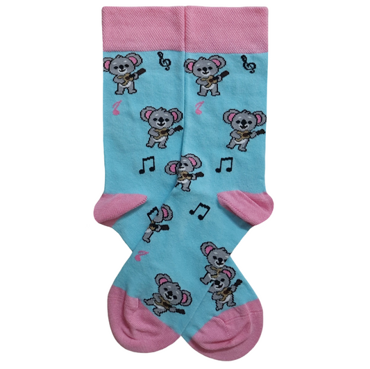 Musical Socks with koala design on a light blue background