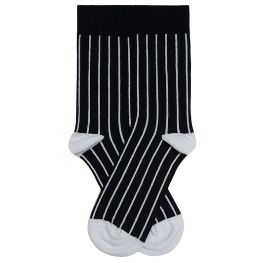 Pair of black crew socks featuring thin vertical white pinstripes with a solid black cuff and white heel and toe accents.