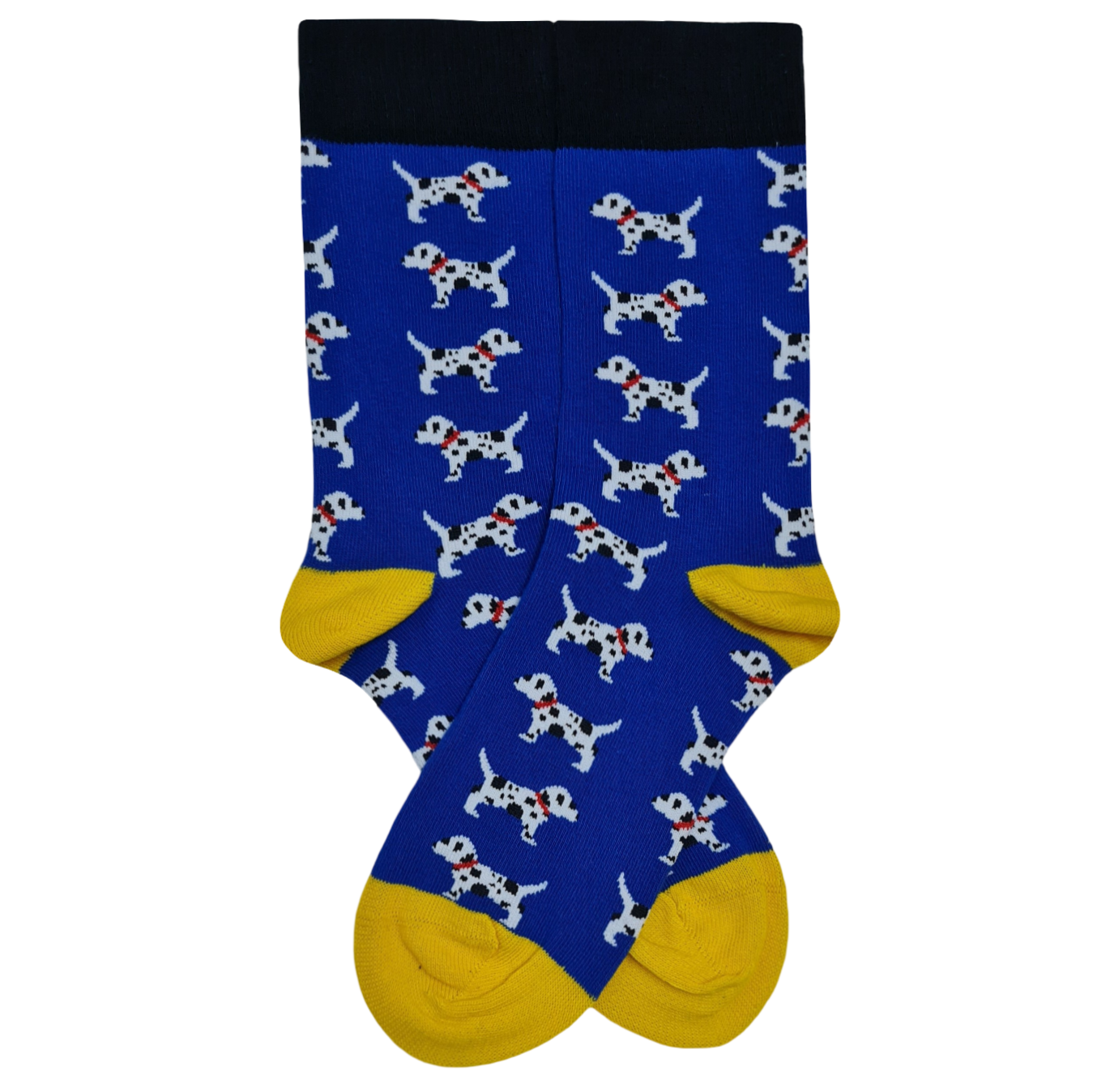 Pair of vibrant blue crew socks with a repeating pixel-style Dalmatian dog pattern and bright yellow heel and toe accents.