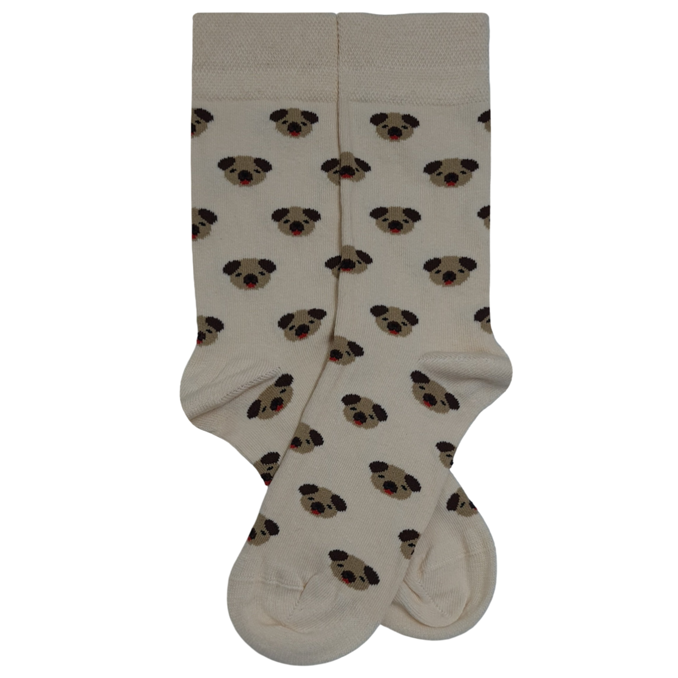 Cream-colored crew socks featuring a repeating pattern of cute brown pug faces with pink tongues.