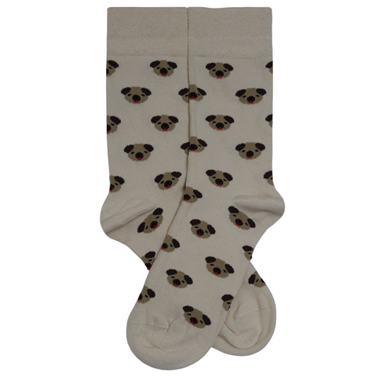 Cream-colored crew socks featuring a repeating pattern of cute brown pug faces with pink tongues.