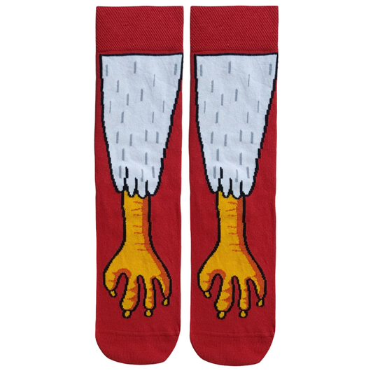 Red novelty crew socks featuring a white feathered eagle leg design with yellow talons.