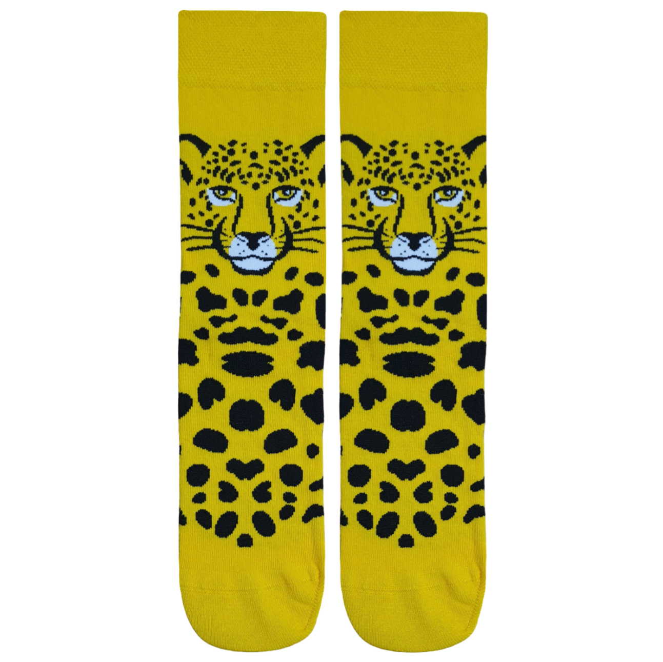 Pair of bright yellow crew socks featuring a large cheetah face graphic at the top and black leopard spots throughout, displayed on a white background.