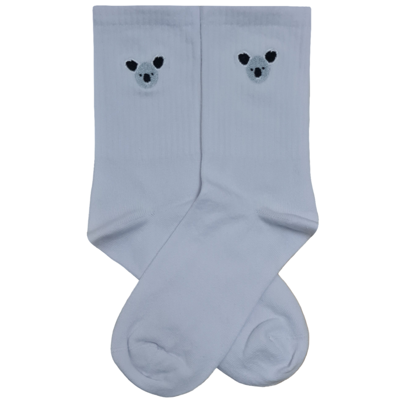 White ribbed crew socks featuring a small, grey and black embroidered koala face near the cuff.