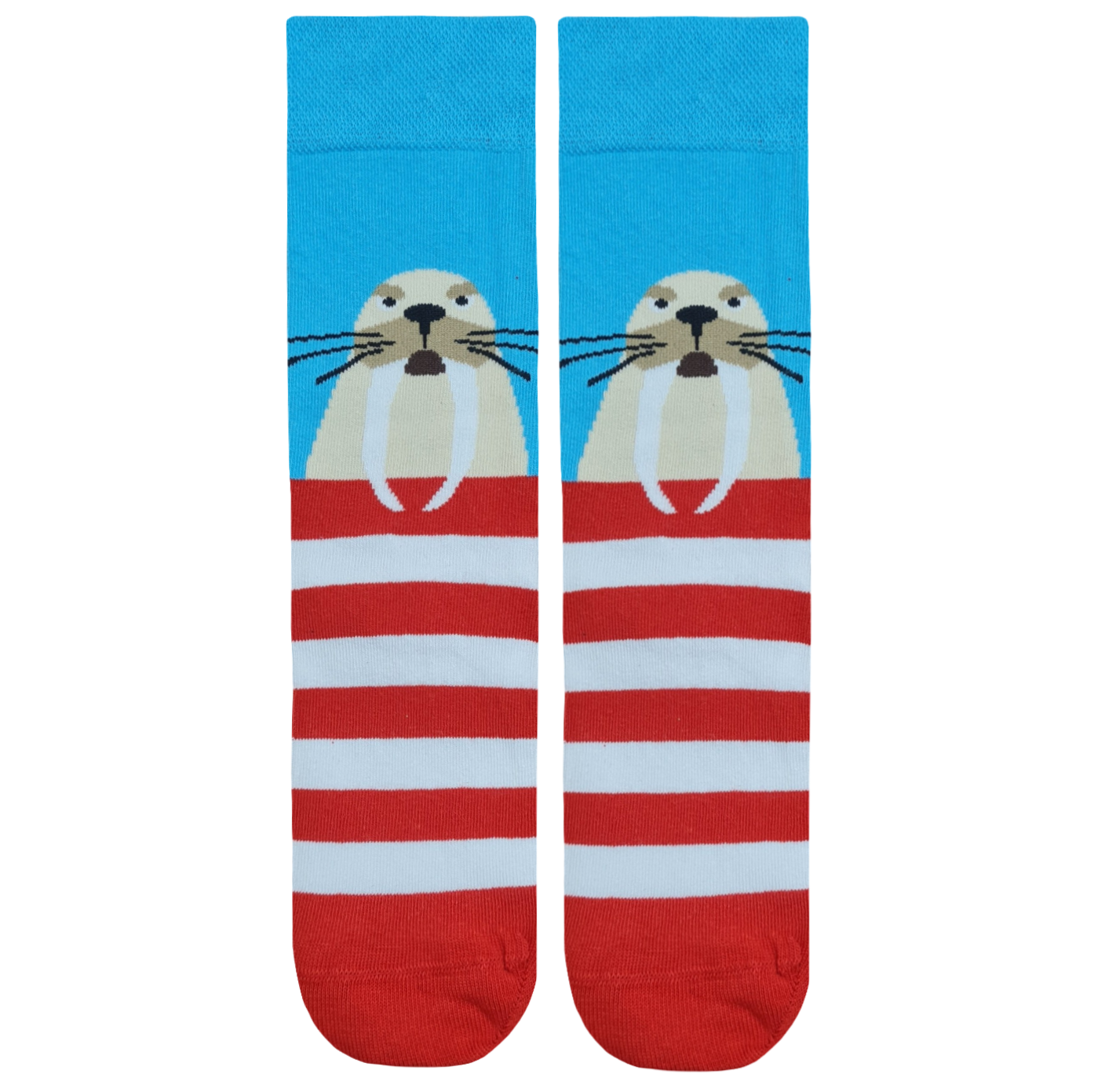 Mid-calf crew socks with red and white horizontal stripes on the bottom and a light blue top featuring a cartoon walrus face.