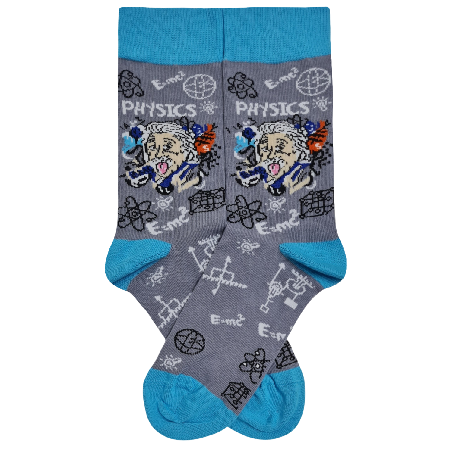 A pair of grey crew socks with turquoise cuffs, heels, and toes, featuring a cartoon portrait of Albert Einstein sticking out his tongue and handwritten physics formulas like E=mc².