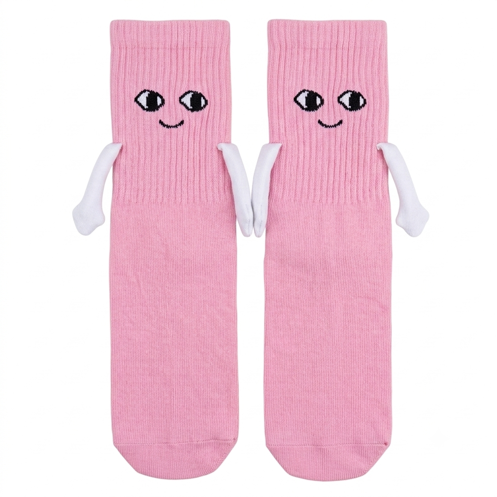 A pair of pink crew socks with embroidered cartoon eyes and smiles on the cuffs, plus small white arm details, shown on a plain white background.