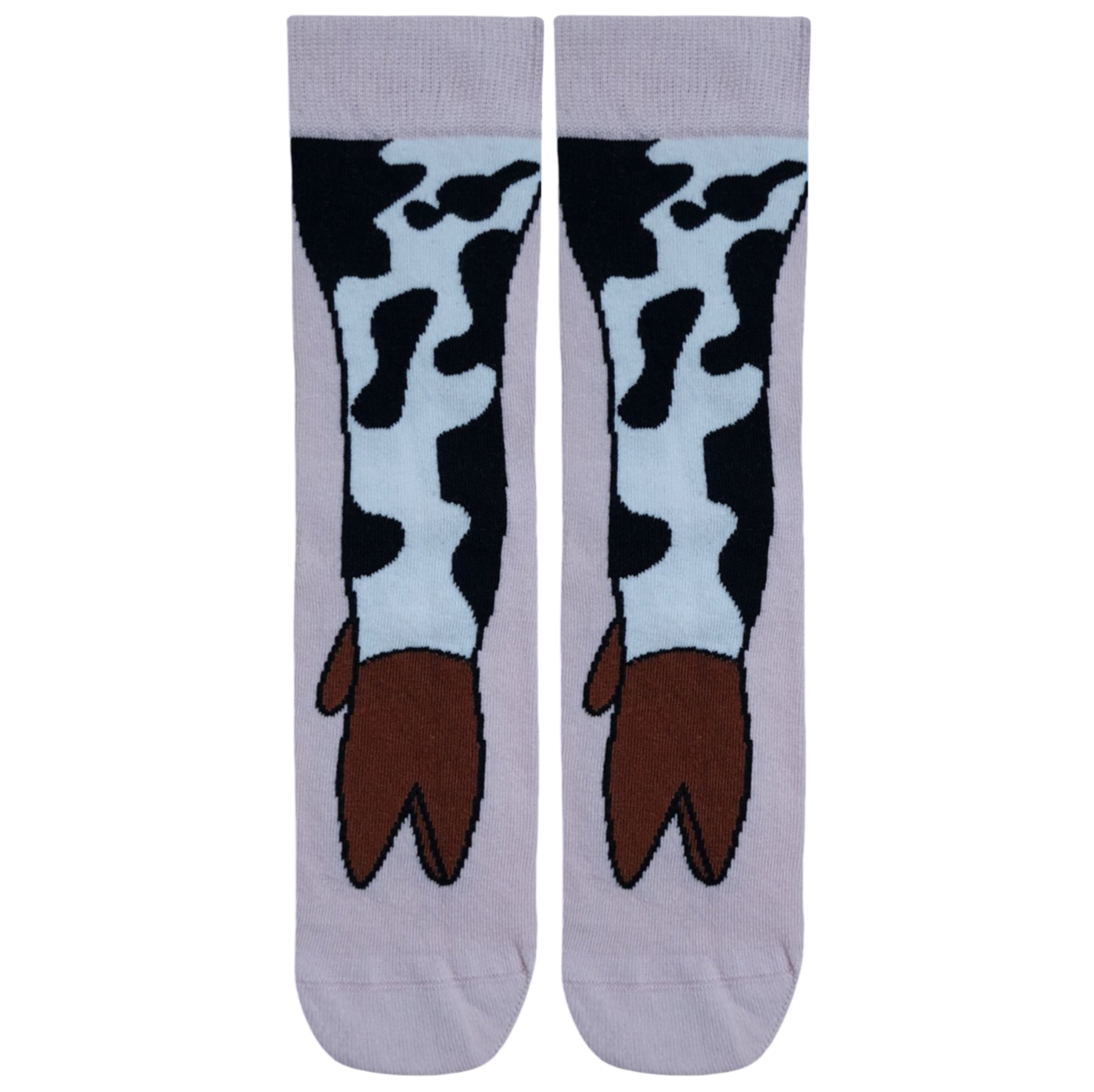 Pair of novelty cow hoof crew socks featuring a black and white cow print pattern and brown cloven hoof illustrations on a light purple background.