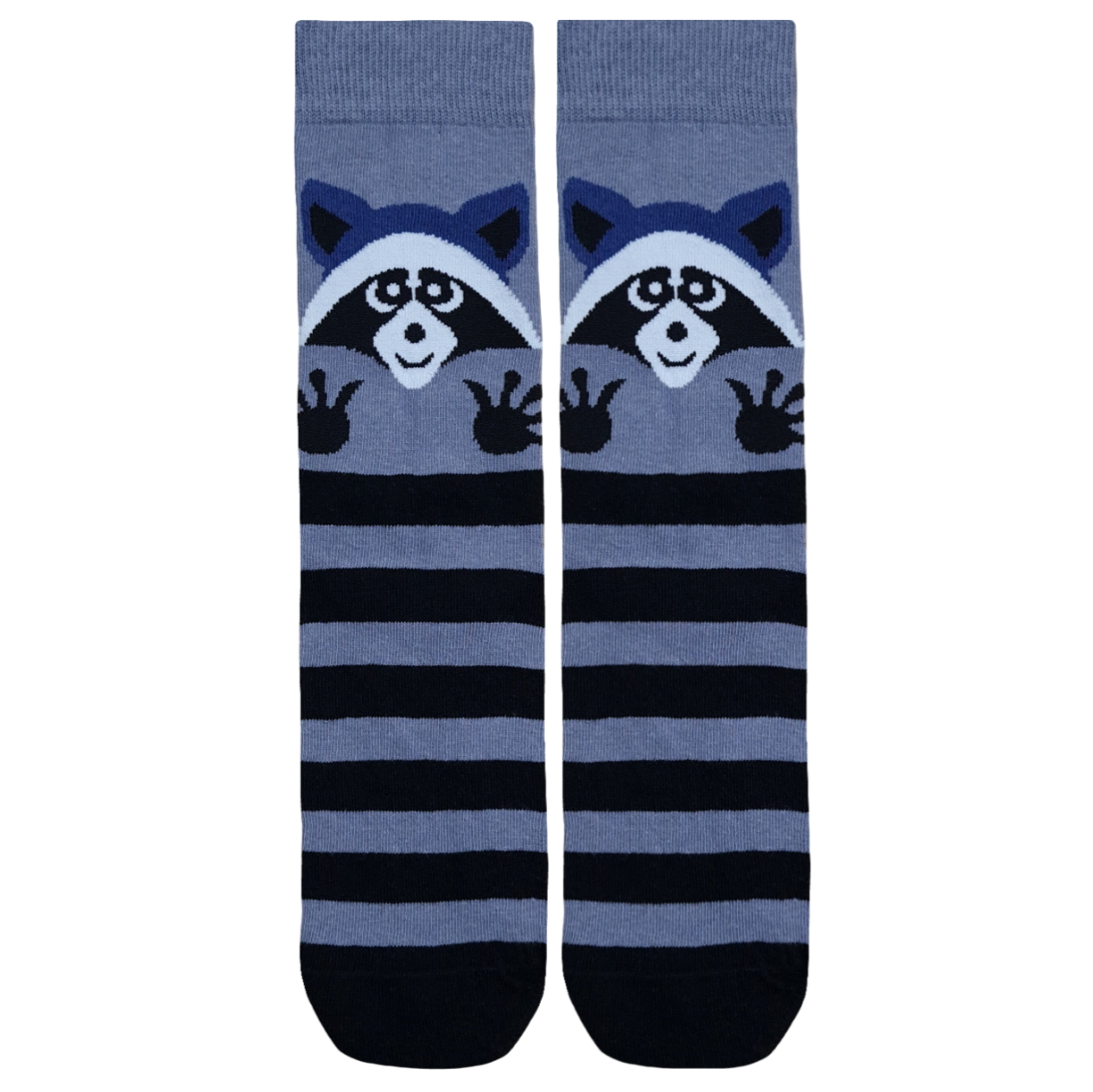A pair of black and grey striped socks featuring a cute cartoon raccoon peeking over the stripes with its paws up.