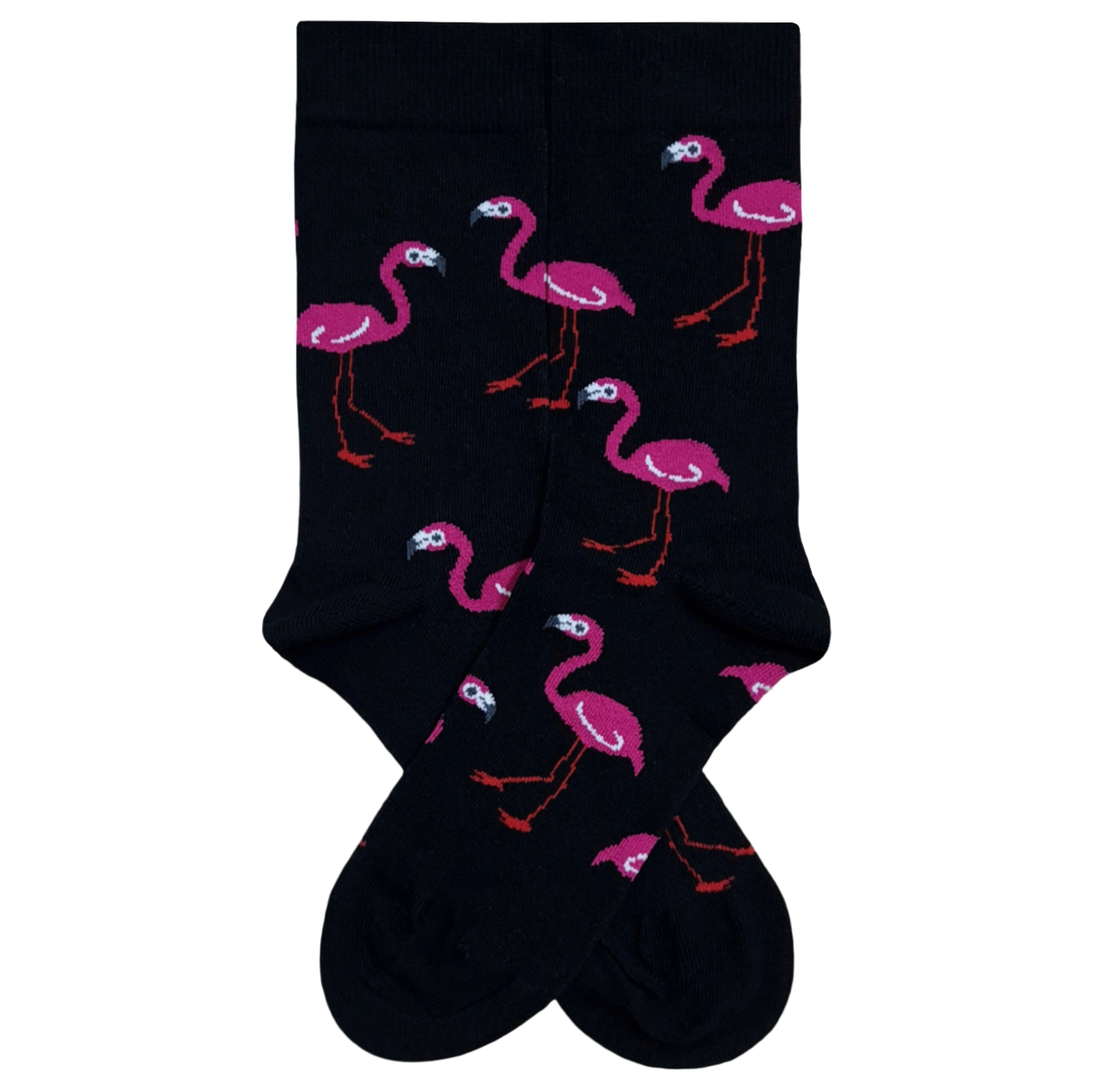 A pair of black crew socks featuring a vibrant repeat pattern of pink flamingos.