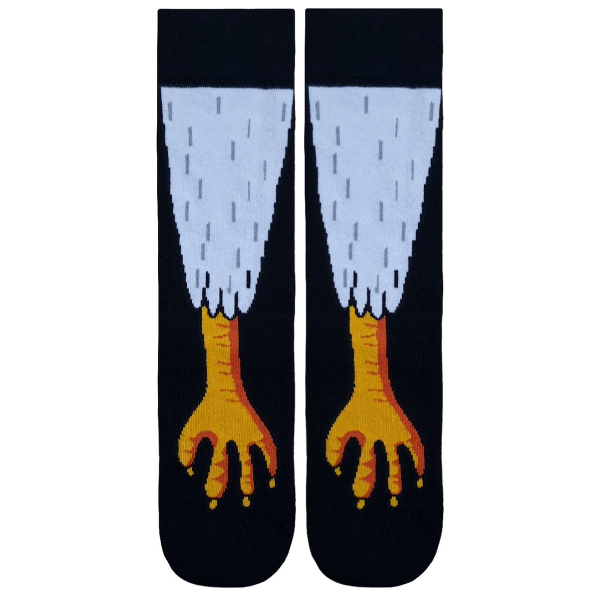 A pair of black crew socks featuring a realistic graphic print of white-feathered eagle legs and yellow claws extending down the front.