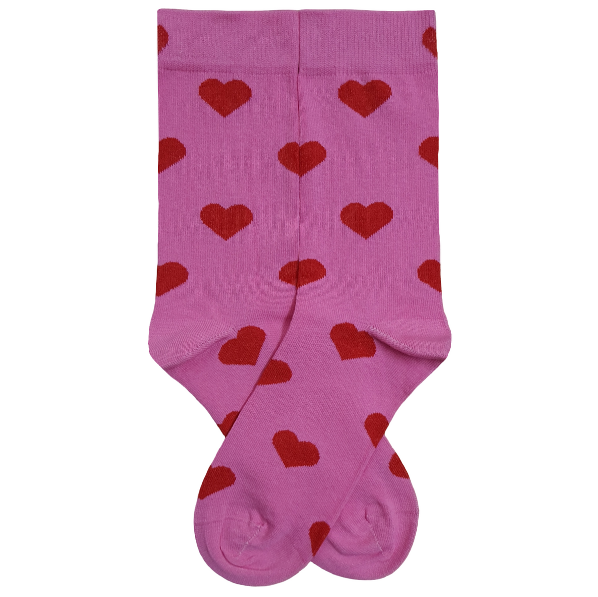 A pair of pink crew socks featuring an all-over red heart pattern.