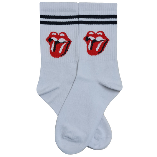 Pair of white crew-length athletic socks featuring the iconic red and white Rolling Stones tongue and lips logo below two black stripes on the ribbed cuff.