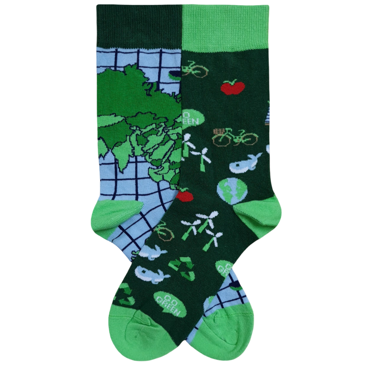 A pair of mismatched crew socks with an eco-friendly "Save the Planet" theme, featuring green landscapes, a grid map, recycling symbols, wind turbines, and bicycles on dark and light green backgrounds.