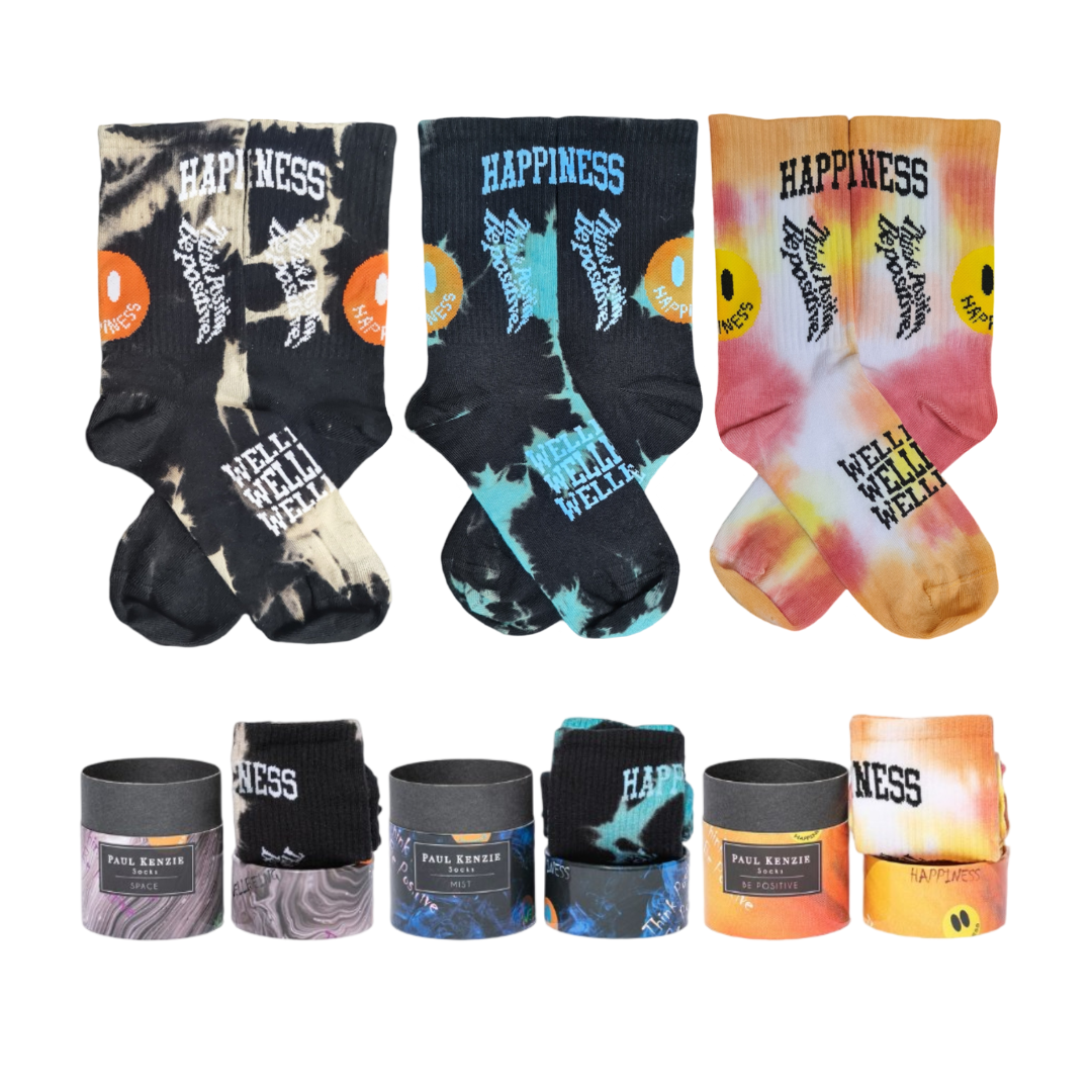  Set of 3 Paul Kenzie unisex tie-dye crew socks in multi-colored patterns featuring "Happiness" and "Be Positive" motivational text.